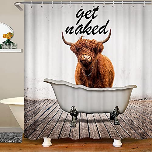 Highland Vieh Dusche Vorhang Lustige Kuh Badvorhang Bauernhof Tiere Western Bad Sets Cowboy Stil Bull Holzbrett Gewebe Dusche Vorhänge Sets Wasserdicht 180x180 (BXL) Badezimmer Dekor von Homewish