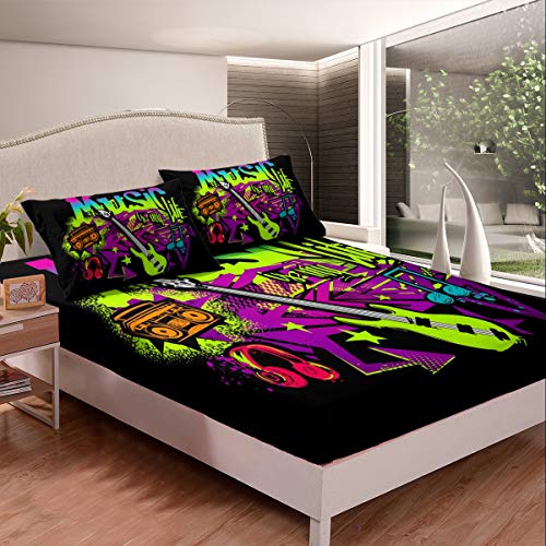 Hip Hop Bettwäsche Set,Kinder Hippie Ausgestattet Blatt 140x200,Graffiti Stil Street Culture Bett Set Für Jungen Mädchen Teens,Sprühen Grafik Bunte Kunstwerk Bettbezug,Schwarz Lila von Homewish