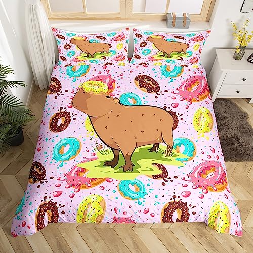 Hippie Capybara Bett Set Regenbogen Donut Bettbezug für Kinder, Süße Dessert Bettwäsche Set 135x200 Kawaii Nette Tier Tröster Bezug, Polka Dots Bettbezug Rosa Leicht (Reißverschluss Verschluss) von Homewish