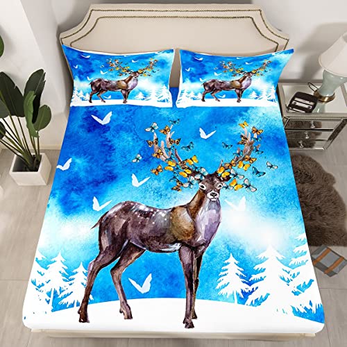 Hirsch Bettwäsche Set 140 x 200 für Kinder Teenager Jungen Mädchen Niedliches Hirsch Spannbettlaken Schöne Wildtiere Spannbettlaken Schmetterling Bäume Bettwäsche Aquarell Dekor Weihnachts Geschenk von Homewish