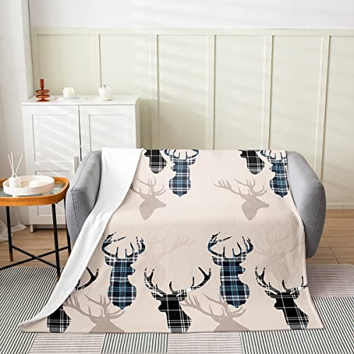 Hirschgeweih Silhouette Decke Werfen Schwarz Blau Büffelkaro Fleece Decke Weihnachtshütte Hütte Wohnkultur Weihnachten Elch Hirsche Tiere Fuzzy Decke 150x200 Retro Neujahrsgeschenk Plüsch Decke von Homewish