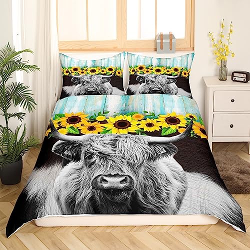 Hochland Kuh Blume Bettwäsche Set Rustikale Farmstyle Tröster Bezug 135x200,Gelbe Sonnenblumen Bettbezug Schwarz Grau Kuh Bettwäsche Western Farm Wild Tier Hochland Rinder Bettwäsche von Homewish