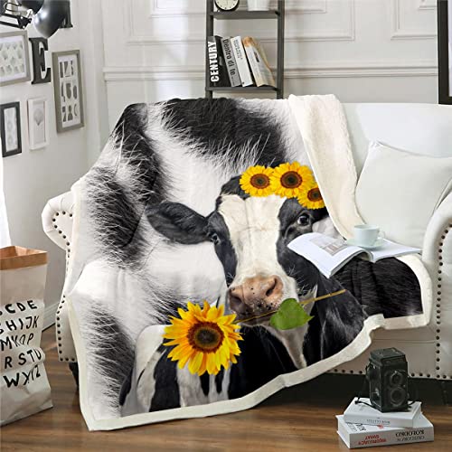 Hochland Kuh Decke Tierfell Decke Werfen für Bett Bauernhaus Tierwelt Fleece Decke 150x200 Blume Floral Sherpa Decke Schwarz Weiß Rindsleder Fuzzy Decke Kinder Jungen Mädchen Schlafzimmer Dekor von Homewish