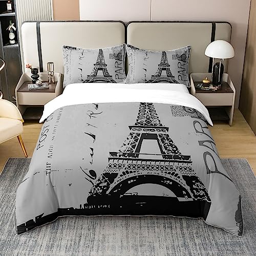 Homewish 100% Baumwolle Eiffelturm Tröster Abdeckung Vintage Romantik Bettbezug Paris Frankreich Bettwäsche Set Alte Zeitung Stil Bettbezug für Männer Frauen,220x240,Grau Stilvolle Atmungsaktiv von Homewish