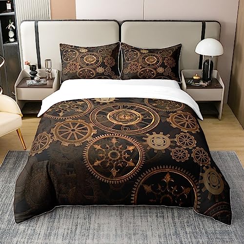 Homewish 100% Bio-Baumwolle Golden Ndustrial Gear Bettwäsche Set 135x200 Steampunk Stil Bettbezug Uhren Thema Tröster Abdeckung für Jungen Männer Mechanische Gerät Bettwäsche Abdeckung,Schwarz von Homewish