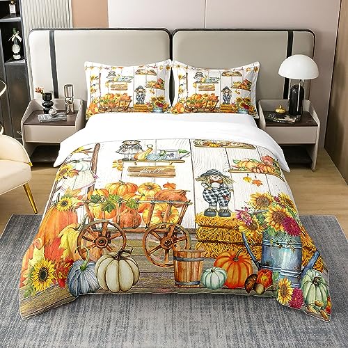 Homewish 100% Bio-Baumwolle Happy Thanksgiving Bettwäsche Set,Girly Scarecrow Bettbezug 200x200,Herbst Kürbis Sonnenblumen Trost Abdeckung,Herbst Ernte Bett Sets mit 2 Kissenbezüge Leicht von Homewish