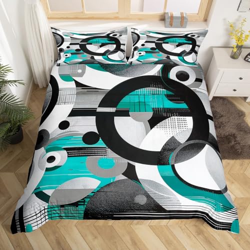 Homewish Abstrakte Geometrische Kreise Bettwäscheset 200x200cm Teal Schwarz Weiß bettbezug für Kinder Moderne Ästhetik Teenager Bettwäsche Minimalistisch bettset Mikrofaser weich raumdekor von Homewish