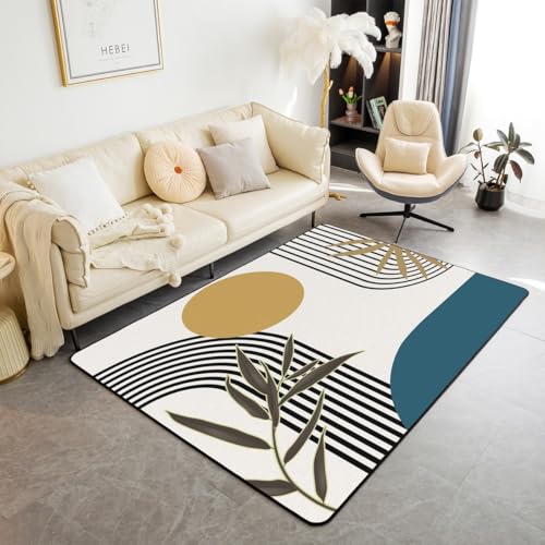Homewish Abstraktes Modernes Blau Teppich 100x150 Mid Century Boho Teppiche Wohnzimmer für Kinder Jugendliche,Botanischer Minimalist Kinderteppich Geometrische Blätter Rug Heimdekor von Homewish