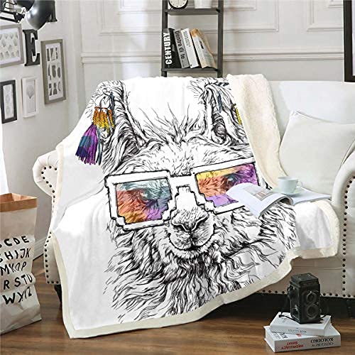 Homewish Alpaka Plüsch Bettdecke 100X130,Kinder Schöne Tier Sherpa Decke,Lustige Alpaka mit Brille Decke für Jungen Teens Erwachsene Skizze Illustration Fleece Überwurf Wohnheim Dekoration von Homewish