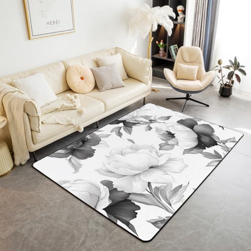 Homewish Aquarell Blume Flächenteppich 150x200 Elegante Blume Teppich für Kinder Jungen Mädchen Teenager,Retro Vintage Wohnzimmer Teppiche Piony Floral Carpet Raumdekor Stilvoll von Homewish