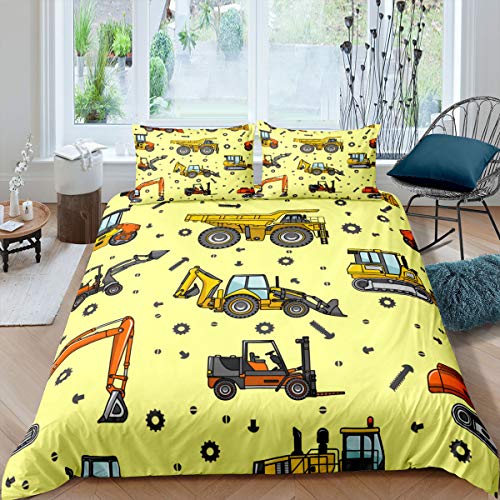 Homewish Bagger Bettbezug Ausrüstung LKW Trösterbezug Zahnrad Bettwäsche Set für Kinder Jungen Mädchen Teenager Industriefahrzeug Bettbezug 135x200 Cartoon Style Tagesdecke Bezug, Gelb von Homewish