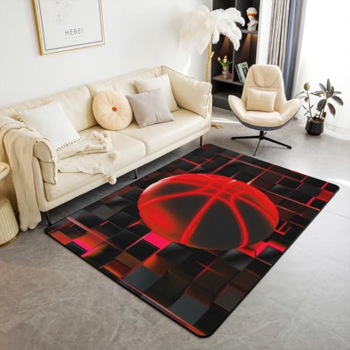 Homewish Basketball Teppiche Wohnzimmer 150x200 Neon Geometrische Quadratische Jungen Teppich für Kinder Mädchen Teenager,Sportspiele Kinderteppich Glühende Rote Ombre Rug Raumdekor von Homewish