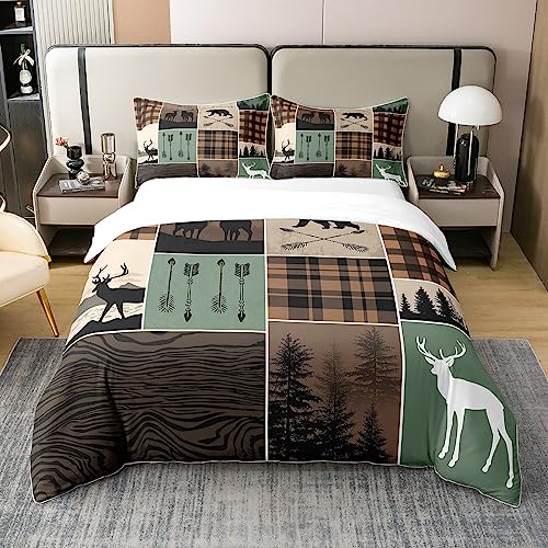 Homewish Bauernhaus Retro Rustikale Bettwäsche 100% Baumwolle Set 135x200,Land Bär Hirsch Tröster Bezug Jagd Wild Tier Bettbezug Plaid Pfeile Abenteuer Patchwork Bettdeckenbezug Bequem,Braun Grün von Homewish