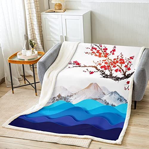 Homewish Bettdecke im Ukiyoe Stil Kawaii Kirschblüte Überwurfdecke japanischer Stil Plüschdecke Berg Fuji Meereswellen Fleecedecke Blumentinte und Wassermalerei Schlafzimmer Dekodecke, 150 x 200 von Homewish