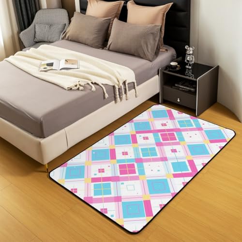 Homewish Blau Rosa Kinderteppich Geometrische Diamant Patchwork Teppiche Wohnzimmer Buffalo Plaid Schachbrett Schach Teppich 150x200 Moderne Ästhetik Carpet für Teenager Schlafzimmer Flächenteppich von Homewish