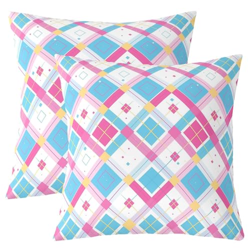 Homewish Blau Rosa Kissenbezüge Geometrische Diamant Patchwork Kissenhüllen 60x60cm Set von 2 für Kinder,Buffalo Plaid Schachbrett Schach Kissenbezug Moderne Ästhetik Weich Bequem Kissenbezüge von Homewish