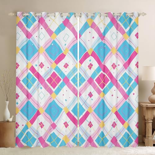 Homewish Blau Rosa Verdunkelungsvorhänge Geometrische Diamant Patchwork Gardinen 2 Panels,Buffalo Plaid Schachbrett Schach Fenstervorhang 183x117(HxB) Moderne Ästhetik Vorhänge für Schlafzimmerdekor von Homewish