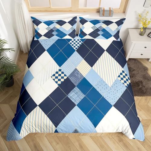 Homewish Blau Weiß Bettwäscheset 200x200cm Geometrischer Diamant Galaxy Druck bettbezug für Kinder Buffalo Plaid Teenager Bettwäsche Modernes Patchwork bettset Mikrofaser weich raumdekor von Homewish