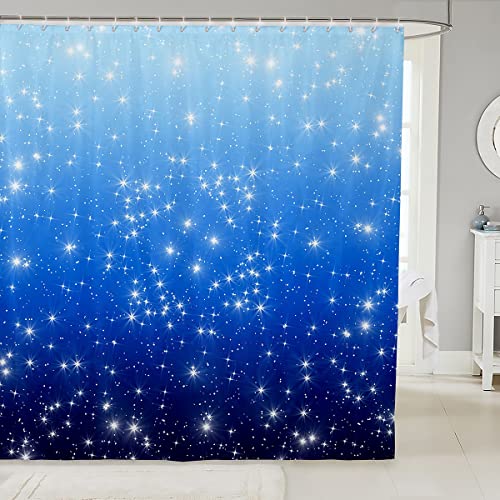 Homewish Blauer Glitzer Duschvorhang für Jungen Mädchen Sparkle Galaxy Twinkle Starlight Badevorhang für Kinder Ombré Pastell wasserdichter Duschvorhang Sternenhimmel Badezimmer Dekor,180 W x 210 L von Homewish