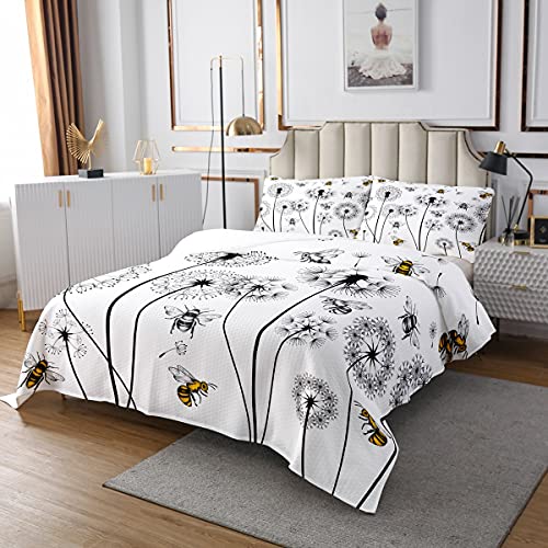 Homewish Blume Gesteppte gelbe süße Biene Tagesdecke für Mädchen Jungen Teens Skizze Blumen Tier Bettdecke Set Pastoralen Rustikalen Stil Quilt Set Mit 2 Kissenbezüge 220x240 Schwarz von Homewish