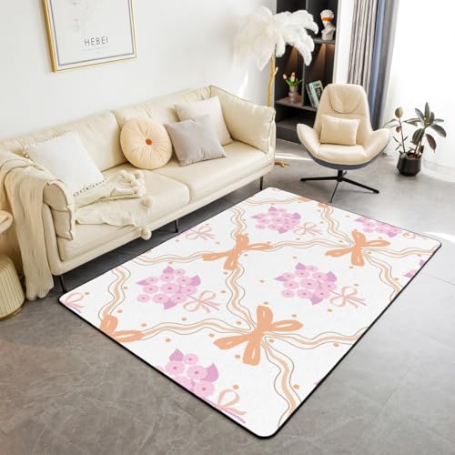 Homewish Blumen Teppiche Wohnzimmer 150x200 Bogen Teppich für Kinder Jungen Mädchen Jugendliche,Polka Dots Geometrie Band Linien Träumig Kinderteppich Weiß Rosa Orange Rug Weich Zimmerdekor von Homewish