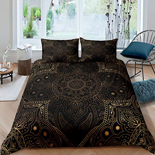 Homewish Böhmische Bettdecke Golden Mandala Bettbezug Set Paisley Blumen Bettwäsche Set Für Kinder Jungen Mädchen Exotische Stammes Boho Bettwäsche 220x240 Schlafzimmer Dekor Gold Schwarz von Homewish