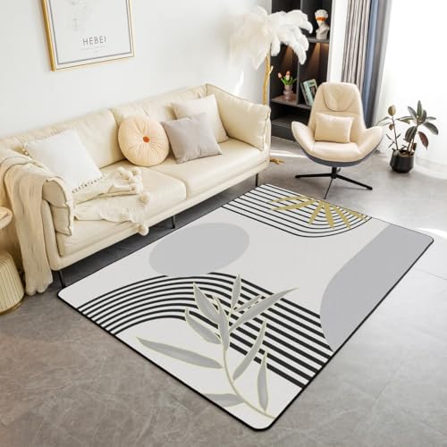 Homewish Boho Grau Geometrisch Teppich 150x200 Abstrakte Blätter Teppiche Wohnzimmer für Kinder Jungen Mädchen Jugendliche,Retro Mitte des Jahrhunderts Kinderteppich Minimalistische Ästhetik Rug von Homewish