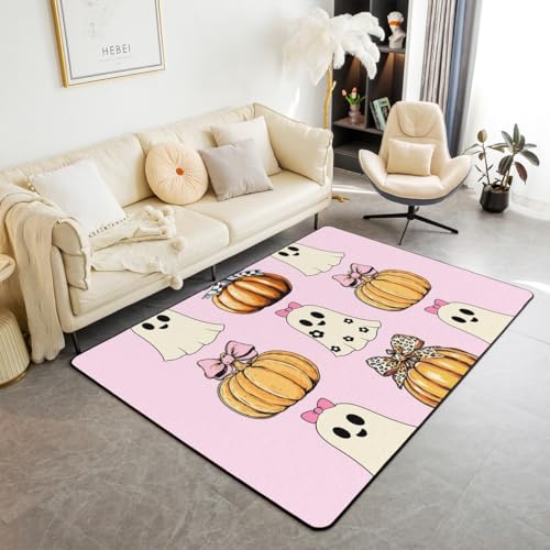 Homewish Bowknot Geister Teppich Leopard Druck Bogen Kürbis Laterne Flächenteppich Niedliche Ästhetische Kawaii Teppiche Wohnzimmer Rosa Halloween Dekorationen Kinderteppich 150x200 Pflegeleicht von Homewish