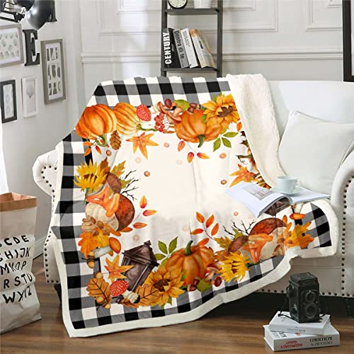 Homewish Büffel Plaid Kürbisse Pilze Decke 130 x 150 Vintage Herbst Ernte Sherpa Decke Herbst Ahornblätter Sonnenblume Decke Werfen Thanksgiving Geschenke Fleece Decke Orange Schwarz Weiß Fuzzy Decke von Homewish