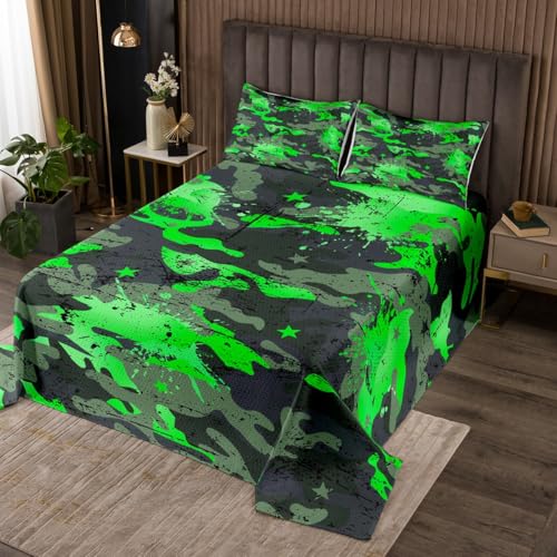 Homewish Camouflage Steppdecke Aquarell Steppdecken für Mädchen Jungen Sterne Ombre Aquarell Camo Tinte Splash Tagesdecke 220x240cm Grau Grün Tagesdecken 2 Kissenbezüge Mikrofaser von Homewish