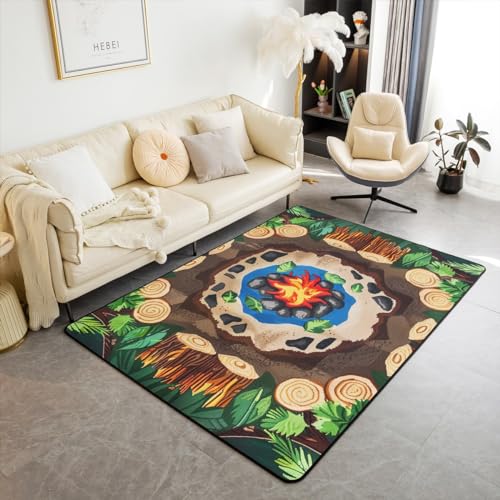 Homewish Camping Teppich Lagerfeue Carpet Baumstumpf Kinderteppich Lustiger Wald Campingplatz Teppiche Cartoon Steine Grün Baum Flächenteppich 150x200 für Schlafzimmer Stilvoll Rutschfest Pflegeleicht von Homewish