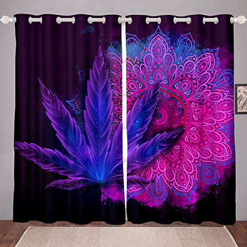 Homewish Cannabis Blätter Fenster Vorhänge,Mandala Fenster Vorhänge,Marihuana Kraut Fenster Behandlungen,Böhmische Hippie Trippy Vorhang FÜR Kinder Jungen Mädchen Teens Erwachsene,Lila Blau 55"x96" von Homewish