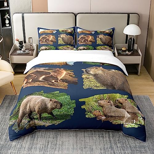 Homewish Capybara 100% Natürliche Baumwolle Bettbezug 135x200,Nette Capybara Tiere Tröster Bezug,Lustige Capybaras Nagetiere Tiere Bettwäsche Set,Stilvolle Dunkelblaue Bettbezug mit 1 Kissenbezug von Homewish