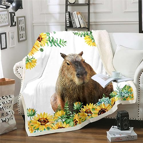 Homewish Capybara Decke Geschenke für Capybara Liebhaber Werfen Decke Nette Nagetiere Capybara Fleece Decke Rustikale Farm Sonnenblume Fuzzy Decke Kawaii Wildlife Capybara Sherpa Decke 75x100cm von Homewish