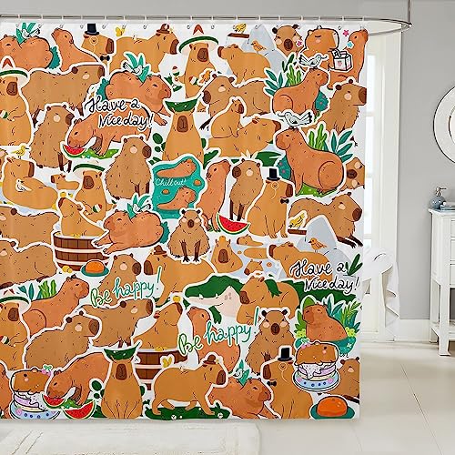 Homewish Capybaras Duschvorhang für Kleinkinder Kinder, Happy Capybaras Badezimmer Duschvorhang Sets Lustige Nagetiere Tiere Stoff Duschvorhang Cartoon Capybara Badevorhang mit Haken, 180Wx200L von Homewish