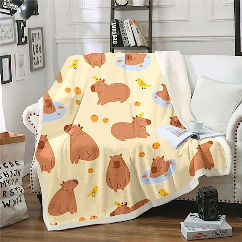 Homewish Capybaras Vlies Decke 100x130cm für Kleinkinder, Teens, Jugend - Nette Braune Capybaras Fuzzy Cartoon Vogel Orangen Werfen für Bett Couch, Gelb Braun von Homewish
