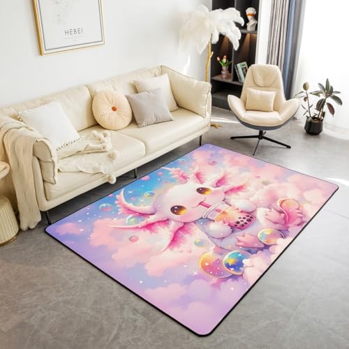 Homewish Cartoon Axolotl Teppich 150x200 Perlmilchtee Kinderteppich Salamander Teppiche Wohnzimmer für Jungen Mädchen Kinder Jugendliche Erwachsene,Galaxie Sterne Flächenteppich für Schlafzimmer von Homewish