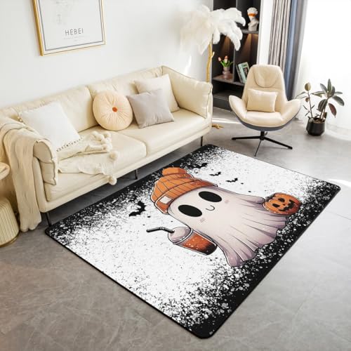 Homewish Cartoon Geister Teppich Fledermäuse Halloween Dekoration Carpet Gotische Kürbislaterne Kinderteppich Schwarze Niedliche Ästhetische Kawaii Teppiche 150x200 für Schlafzimmer Pflegeleicht von Homewish