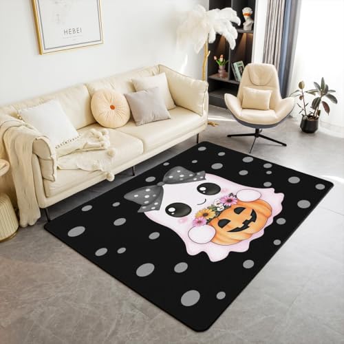 Homewish Cartoon Ghost Kinderteppich Süß Band Bowknot Schwarze Krawatte Teppich 150x200 für Jungen Mädchen Jugendliche,Kürbislaterne Teppiche Wohnzimmer Blumen Rug Pflegeleicht Kawaii Ästhetik von Homewish