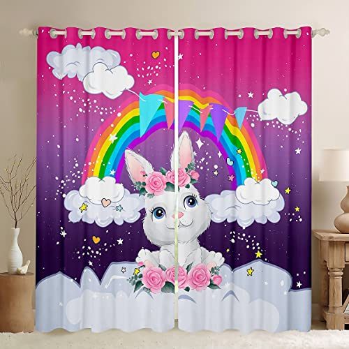 Homewish Cartoon Kaninchen Vorhänge,Regenbogen Verdunkelung Vorhänge 117Bx137L für Mädchen,Galaxy Glitter Sterne Vorhänge für Vorhänge,Nette Wolken Wilde Tier Blume Blätter Fenster Vorhänge 2 Panels von Homewish