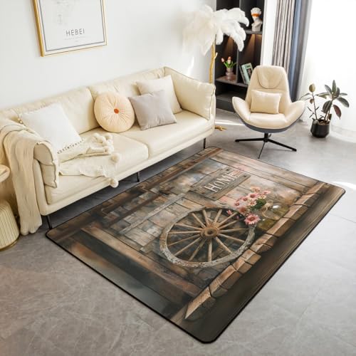 Homewish Country Cabin Teppiche Wohnzimmer Bauernhaus Holz Bretter Teppich 150x200 für Kinder Jungen Mädchen Jugendliche,Vintage Blumen Holz Rad Rug Braun Carpet Stilvoll Pflegeleicht Zimmerdekor von Homewish