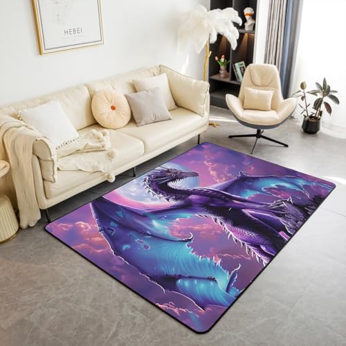 Homewish Drachenbereich Teppich 100Bx150L,Western Pterosaurier Tiere Zauberteppich,Mondhimmel Nebel Berge Rechteckige Innenbodenmatte,Schwarz Lila Dekorative Teppich für Esszimmer Unter Tisch von Homewish