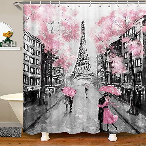 Homewish Eiffelturm Duschvorhang 180x180 (BxL),Rosa Blumen Regenschirm Badezimmer Vorhang Für Kinder Mädchen Teens Frauen,Romantischer Paris Badvorhang,Retro Stadt Gebäude Vorhang Sets Grau von Homewish