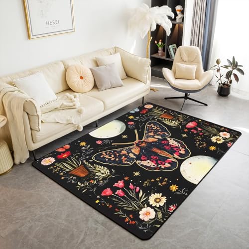 Homewish Erwachsene Todesmuttel Teppich Gotische Motte Flächenteppich 150x200 für Kinder Jungen Jugendliche,Mond Und Stern Schwarz Teppiche Wohnzimmer Boho Exotische Vintage Floral Schmetterling Rug von Homewish