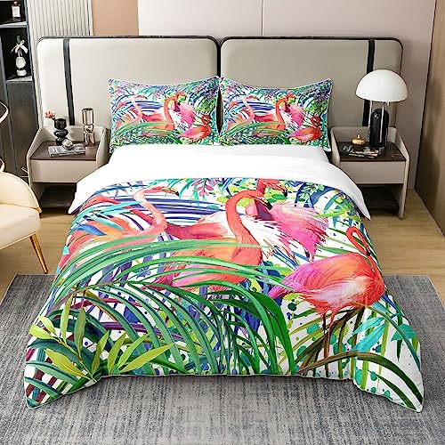 Homewish Flamingo 100% Baumwolle Bettbezug 200x200 Tropische Blätter Zimmer Dekor Tröster Bezug Palme Muster Bettwäsche Set Bunte Tagesdecke mit Reißverschluss (1 Bettbezug mit 2 Kissenbezüge) von Homewish