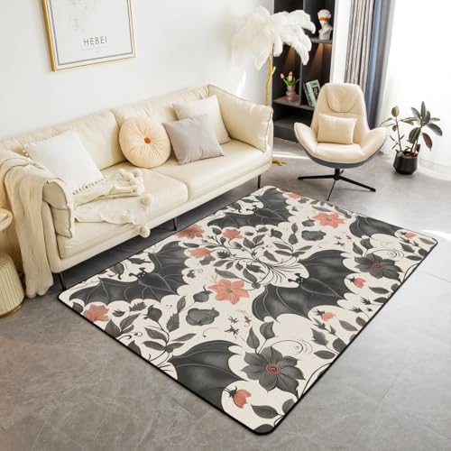 Homewish Fledermäuse Halloween Dekoration Teppich Gotik Kinderteppich Boho Vintage Floral Rug Viktorianische Dekoration Gotische Silhouette Dunkle Schatten Teppiche Wohnzimmer 150x200 Pflegeleicht von Homewish