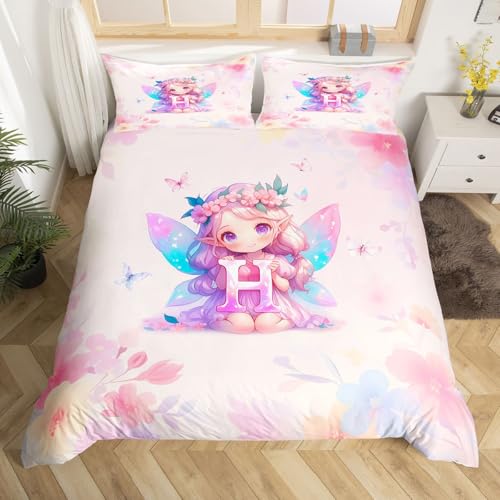 Homewish Floral Fairy Bettwäscheset 200x200cm Kawaii Initial H Princess bettbezug für Kinder Rosa Rosa Fairy Teenager Bettwäsche Aquarell Schmetterling Floral bettset Mikrofaser weich raumdekor von Homewish