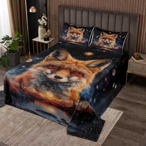 Fox Quilt Set Galaxy Stars Moon Tagesdecke Set 220Bx240L,Dschungel Waldtiere Coverlet Set Exotische Wildtiere Gesteppt,Boho Dekor von Homewish