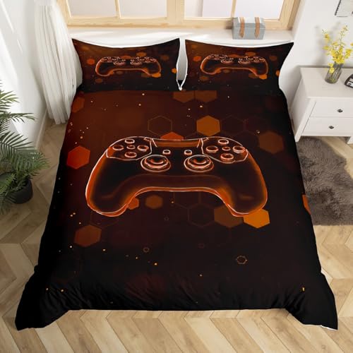 Homewish Gamer Jungen Bettwäsche 155x220cm Joystick bettbezug Set für Jugendliche Kinder,Jungen Teens Gamepad Hexagon Spots 3D Bettwäscheset Braune Geometrie Honeycomb bettset Mikrofaser raumdekor von Homewish