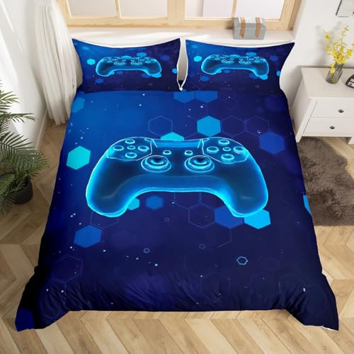 Homewish Gamer Jungen Bettwäsche Spielcontroller bettbezug Set 135x200cm für Kinder Teenager, Jungen Teens Honeycomb Hexagon Spots bettset Mikrofaser Wohndekor Blaue Geometrie Moderne Bettwäscheset von Homewish